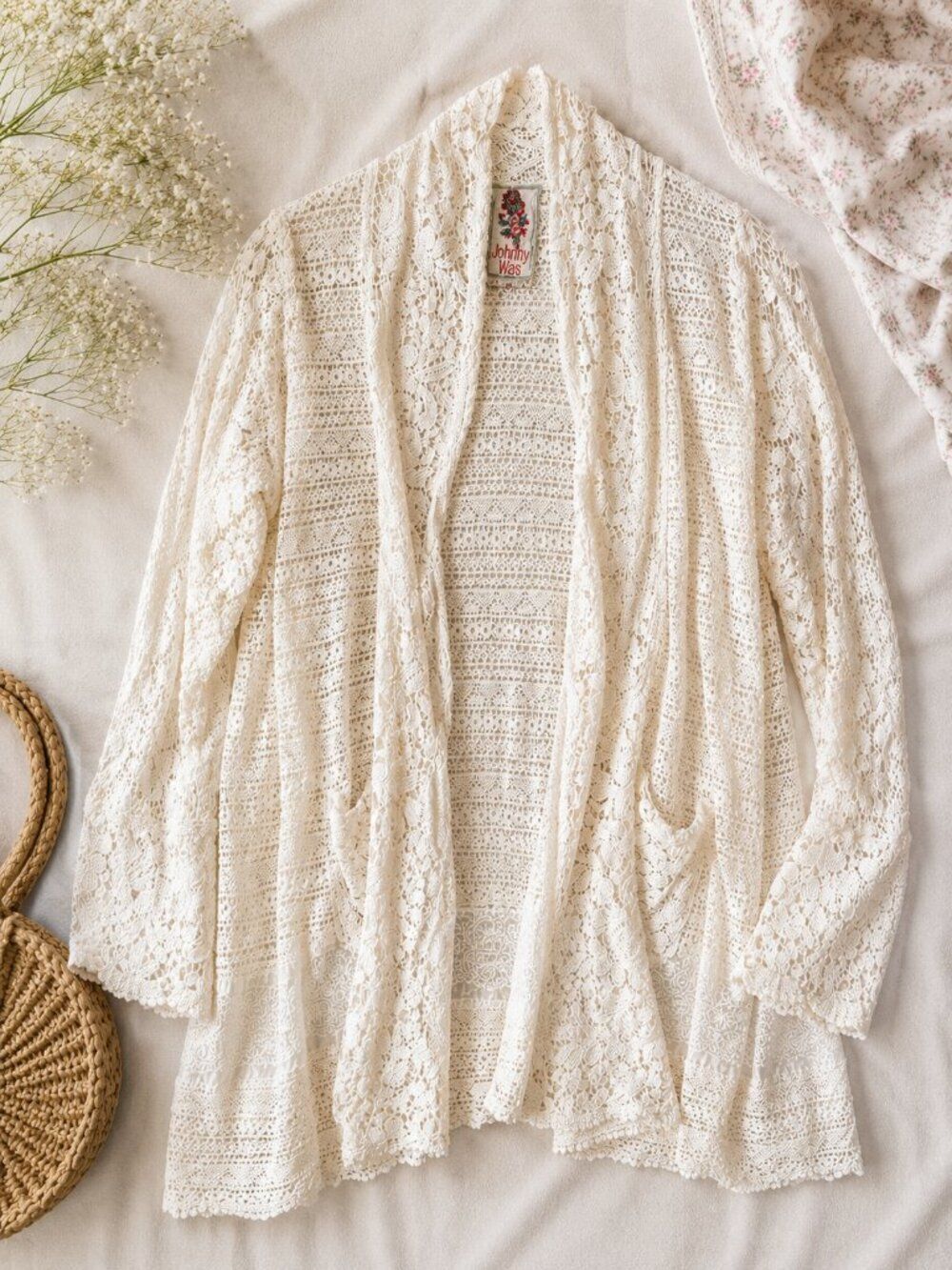 Johnny Was Ivory Crochet Lace Kimono Cardigan Boho Festival Cottagecore M